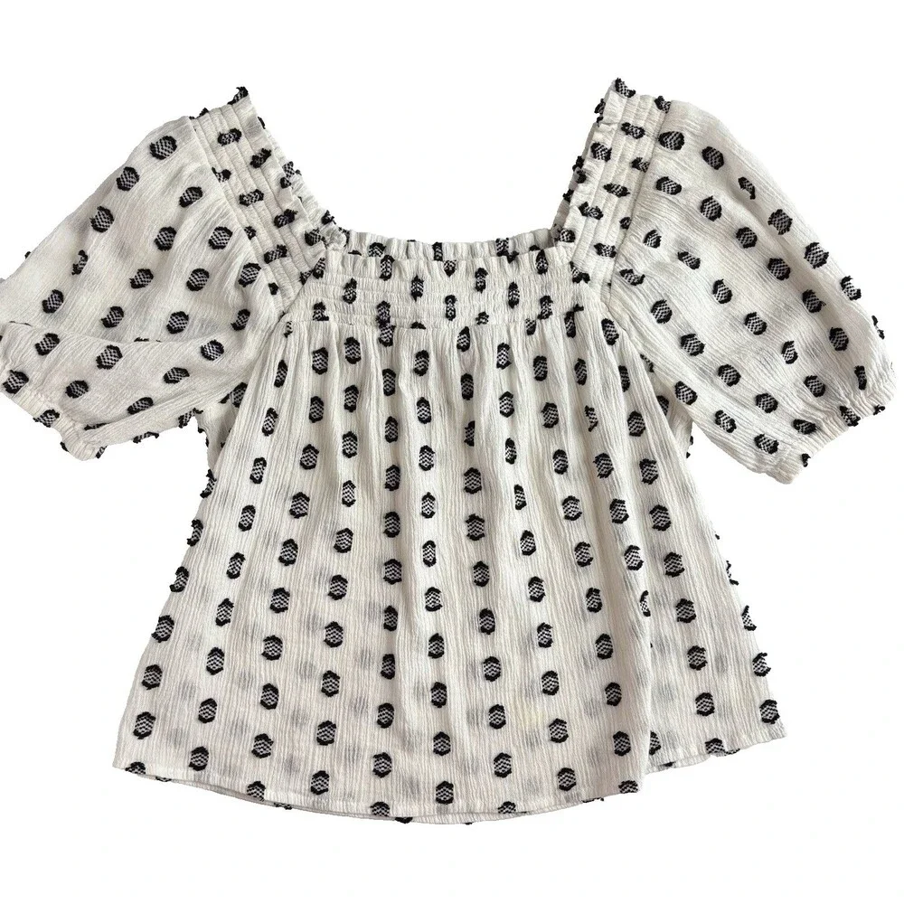 Loft Blouse Women's SP Petite Small White Black 3D Textured Embellished Puff